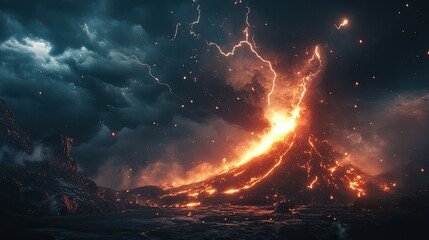 Naklejka premium Volcanic eruption with intense lightning streaks illuminating the dark sky, showcasing the awe-inspiring power of nature.