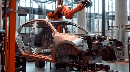 Robotic Arm Assembling Futuristic Car Body in Automated Factory Workshop