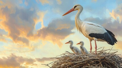 White stork in its nest with young offspring, set against a sky that allows for easy insertion of additional image details.