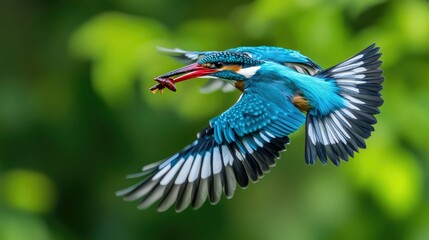 Fototapeta premium Woodland kingfisher captured mid-flight as it brings an insect to its waiting offspring, a vivid display of parental care.