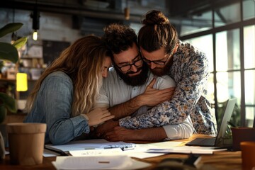 Fototapeta premium Three friends share an emotional embrace, offering comfort and support to each other, displaying deep empathy and connection in a moment of vulnerability and mutual understanding.
