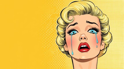 A vibrant pop art piece capturing a blonde woman in anguish, her tears reflecting heartbreak and betrayal.