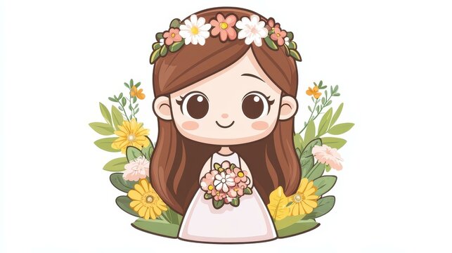 Adorable chibi bridesmaid in pink, designed to delight kids with playful features and bright colors, cartoon style.