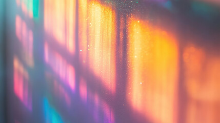 Naklejka premium Rainbow Light Overlay, A blurred rainbow light effect creates a colorful texture on a white wall, enhancing natural light and adding depth to photos