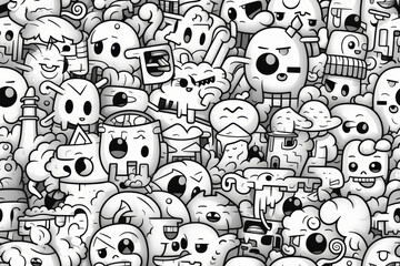 Fototapeta premium A black and white doodle pattern with various cute, quirky, and whimsical characters.