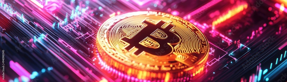 Poster Close-up visualization of a Bitcoin coin on a vibrant digital circuit board, reflecting the future of cryptocurrency technology.