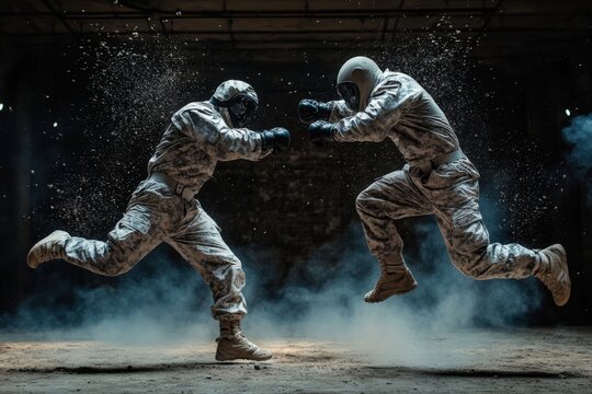Two soldiers, fully geared, leap towards each other in a dramatic, mid-air battle scene, encapsulating the heightened tension and kinetic energy typical of intense military engagements.