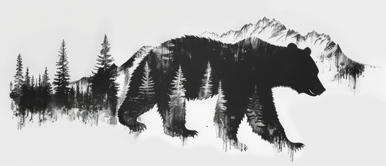 Naklejka premium Mountain bear with reflected landscape illustration art.