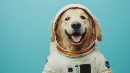 Golden Retriever in a cute astronaut costume, looking both adorable and curious, against a pastel blue background.