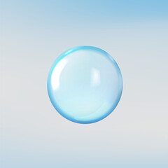 Realistic 3D glass ball with glares and highlights, vector volume glossy blue circle, transparent sphere, crystal bubble