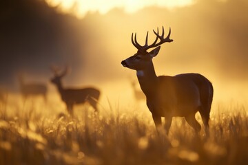 Deer silhouettes stand gracefully in a sunlit field during golden hour, casting long shadows and creating an ethereal atmosphere filled with warmth and natural beauty.