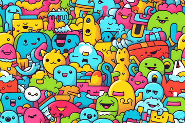 A cheerful pattern of cartoon monsters in bright colors.