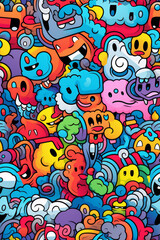Obraz premium A colorful and chaotic background pattern of cartoon characters, doodles, and abstract shapes.