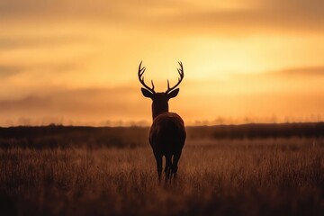 A majestic deer stands alone in a vast field at sunset, facing away and highlighting the expanse of nature with an orange sky and a sense of quiet solitude.