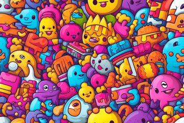 Obraz premium A colorful and chaotic background pattern with cute cartoon characters and doodles.