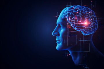 Obraz premium Futuristic digital illustration of a human head with glowing neural connections symbolizing the integration of technology intelligence and exploration of cognitive processes in a high tech world