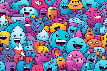 A colorful and chaotic background pattern featuring a multitude of happy cartoon creatures with different shapes and sizes.