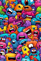 A colorful and chaotic pattern of cartoon monsters with different expressions and features.