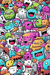 A colorful and chaotic pattern of cartoon monsters and doodles.