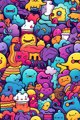 Fototapeta premium A colorful and chaotic pattern of cartoon doodles, featuring whimsical creatures, shapes, and objects.