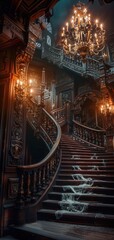 Obraz premium Majestic, dimly-lit grand staircase in an old, ornate mansion with cobwebs, chandeliers, and an eerie atmosphere.