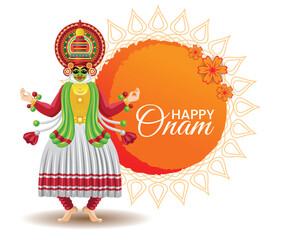 Onam Festival Poster with Kathakali Dancer and Ornate Mandala Design for Festive Greetings