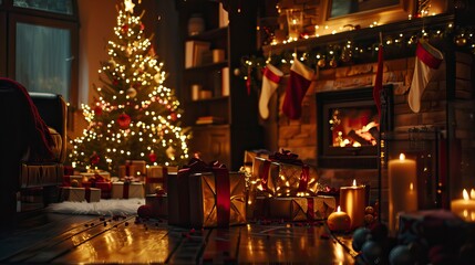 interior christmas. magic glowing tree, fireplace, gifts in dark