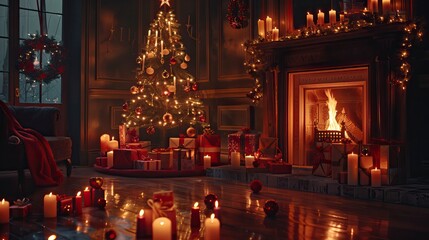 Fototapeta premium interior christmas. magic glowing tree, fireplace, gifts in dark