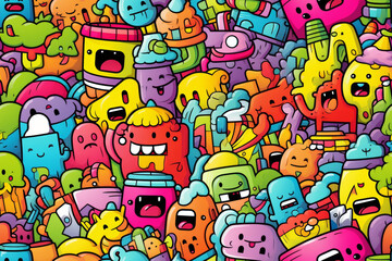 A colorful and chaotic pattern of cute cartoon characters and doodles in a bright and cheerful style.