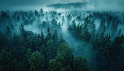 Aerial view of a misty forest at dawn with dense fog enveloping trees, creating an ethereal and serene atmosphere in nature.
