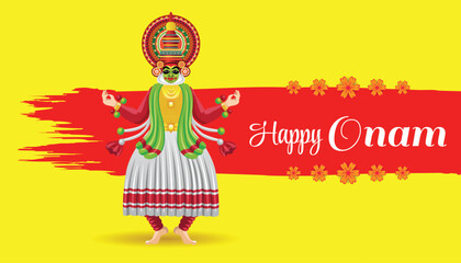  Bright Onam Festival Poster with Kathakali Dancer and Floral Background for Celebration