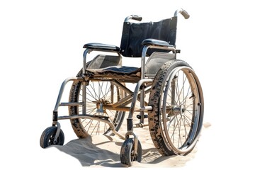 A wheelchair sits on the sandy beach, perfect for a relaxing day at the coast