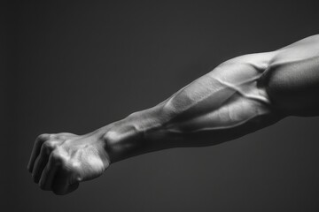 A close-up of a man's flexed arm against a solid black background, showcasing strength and muscular definition, Bent elbows with strong, defined contours, Ai generated