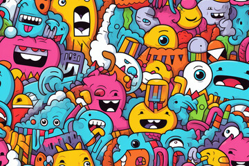 A colorful and fun doodle pattern with many cute monsters, eyes, and abstract shapes.