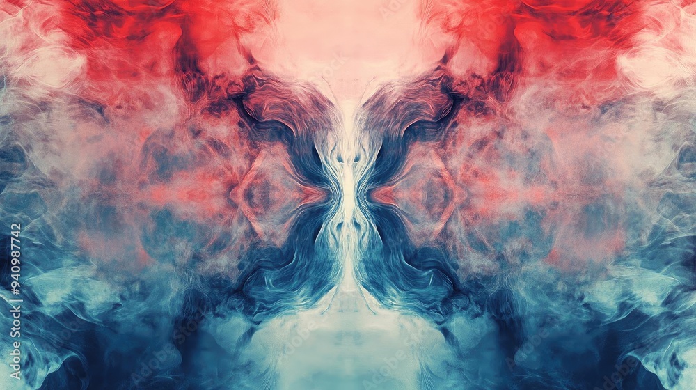 Poster abstract artwork featuring vibrant hues of red and blue, flowing smoke patterns creating a stunning 