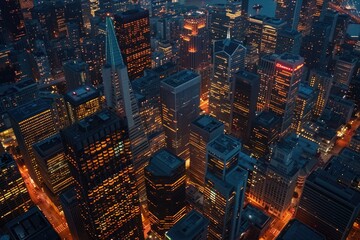 Obraz premium Aerial view of a city at night with bright lights and buildings
