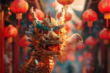 Fototapeta premium Amid Chinatown's energy, captivating dragon dance enchants spectators with graceful movements and vibrant colors against backdrop of bustling crowds, festive decorations.