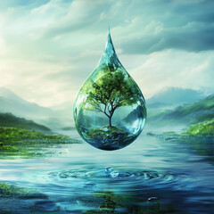 Fototapeta premium Water world in a drop of water, environmental awareness concept