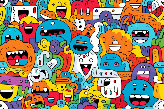 Fototapeta A colorful and playful doodle background pattern featuring a crowd of smiling cartoon characters with different shapes and sizes.