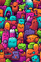 A colorful and playful illustration featuring a dense crowd of cartoon characters in various shapes, sizes, and expressions. 