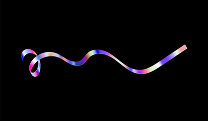 Ribbon holographic wave of rainbow color with swirls on a black isolated background.