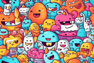 Fototapeta premium A colorful and playful pattern featuring a variety of cartoon monsters with different expressions and features.