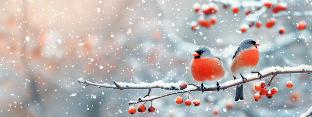 Bullfinches perched on a snow-covered rowan branch, surrounded by red berries and falling snowflakes, capturing the serene beauty of winter. Winter christmas background