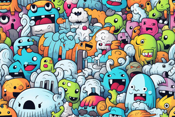 Fototapeta premium A colorful and playful pattern of cartoon monsters and creatures.