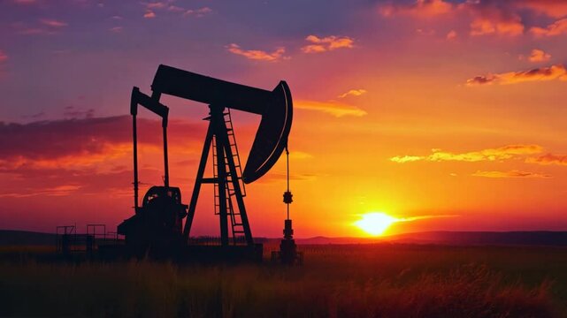 A sunset over a field with a large oil rig in the foreground
