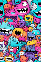 A colorful and playful pattern of cartoon monsters with big smiles and googly eyes.