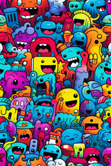 Fototapeta premium A colorful and playful pattern of happy, cartoon monsters and creatures.