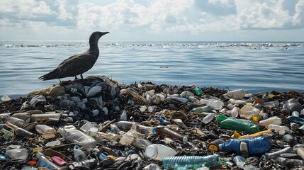 Bird on Plastic Waste Island: Ocean Pollution