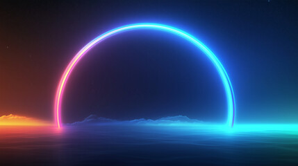 Neon Circle in the Clouds: A vibrant, futuristic aesthetic with a glowing neon circle emerging from a cloud bank, a captivating backdrop for futuristic dreams or abstract concepts 