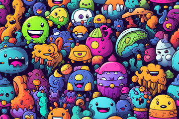 Obraz premium A colorful and playful seamless pattern featuring various cute cartoon monsters and characters.